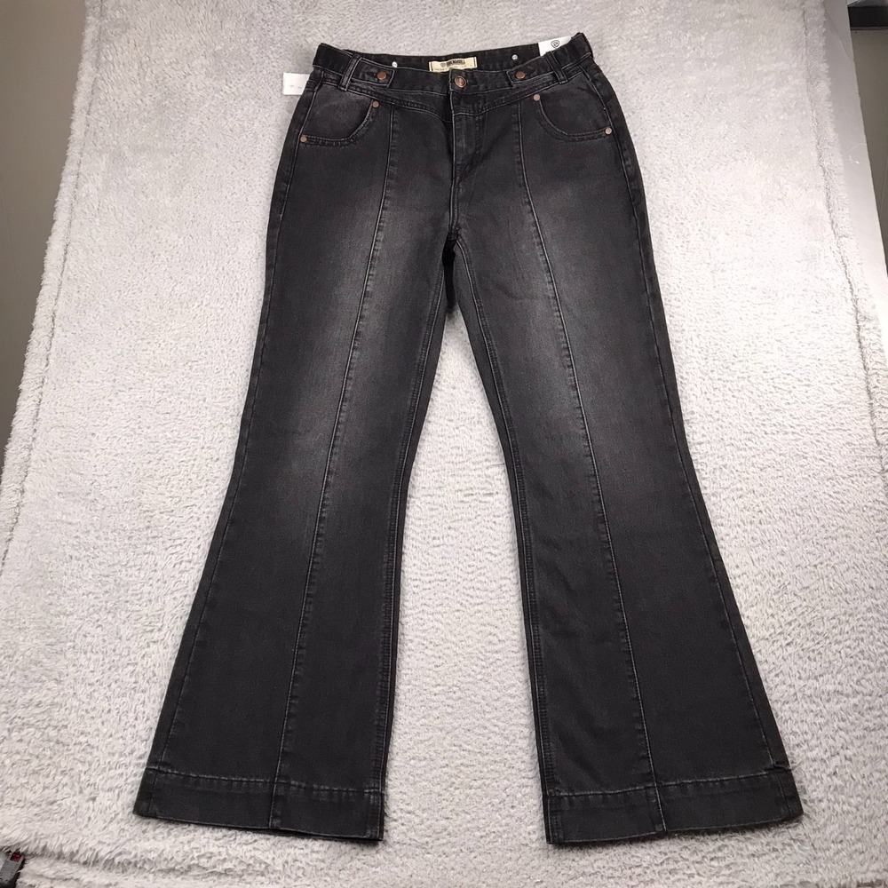 Rock & Roll Cowgirl Trouser Jeans Women 31x34 Black Seam Front Pintuck Flare NEW